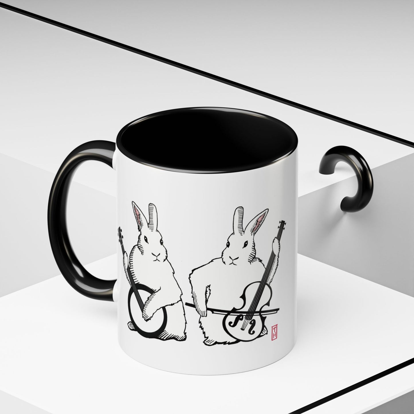 Bunny Band Musician Coffee Mug, Rabbit Banjo Fiddle Duo, Cute Animal Tea Cup, Whimsical Kitchen Decor, Easter Gift, Farmhouse Style