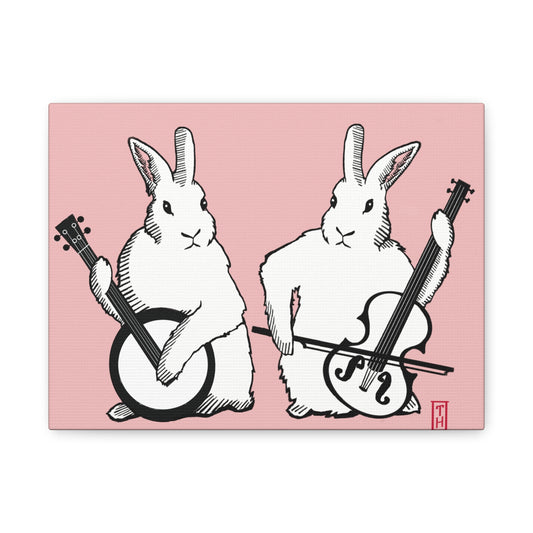 Canvas Wall Art, Bunny Band White Rabbit Musicians with Attitude Decor, Stretched Matte Print, 1.25 Depth Bunny Music Lover Gift