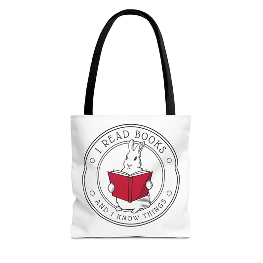 Book Lover Bunny Literature Tote Bag - I Read Books and I Know Things Literary Gift for Booktrovert, Book Club Gift for Bookworm, Book Nook